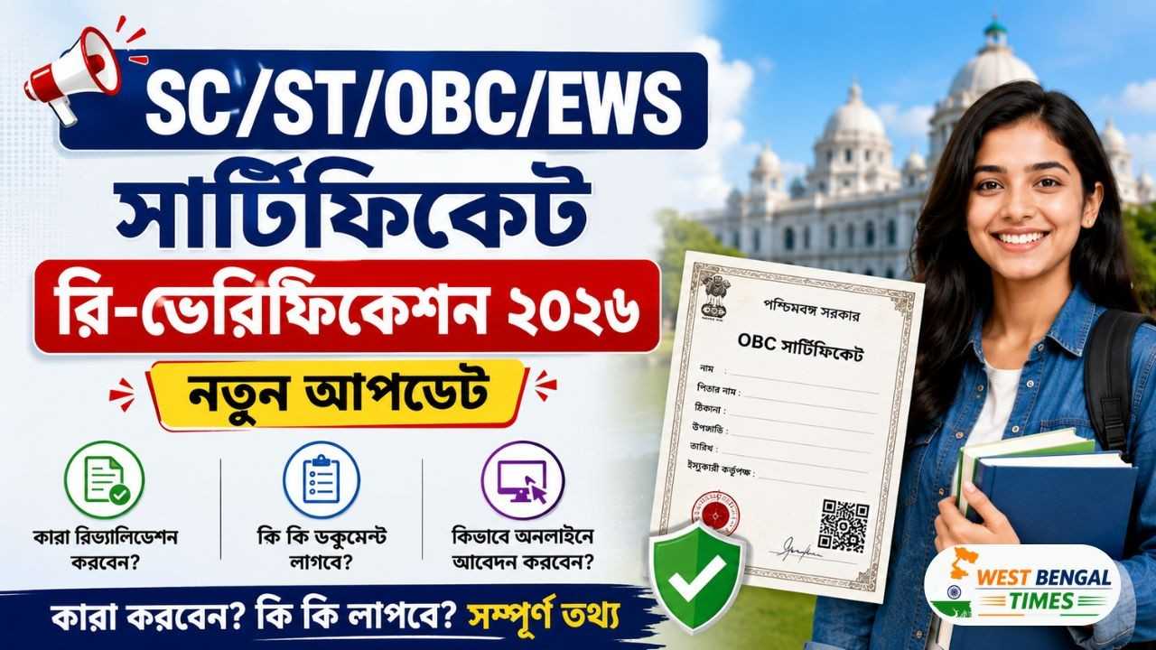 পশ্চিমবঙ্গে SC/ST/OBC/EWS সার্টিফিকেট রি-ভেরিফিকেশন ২০২৬: কারা রিভ্যালিডেশন করবেন, নতুন আপডেট কী এবং এখন কী করতে হবে? পশ্চিমবঙ্গে SCSTOBCEWS সার্টিফিকেট
